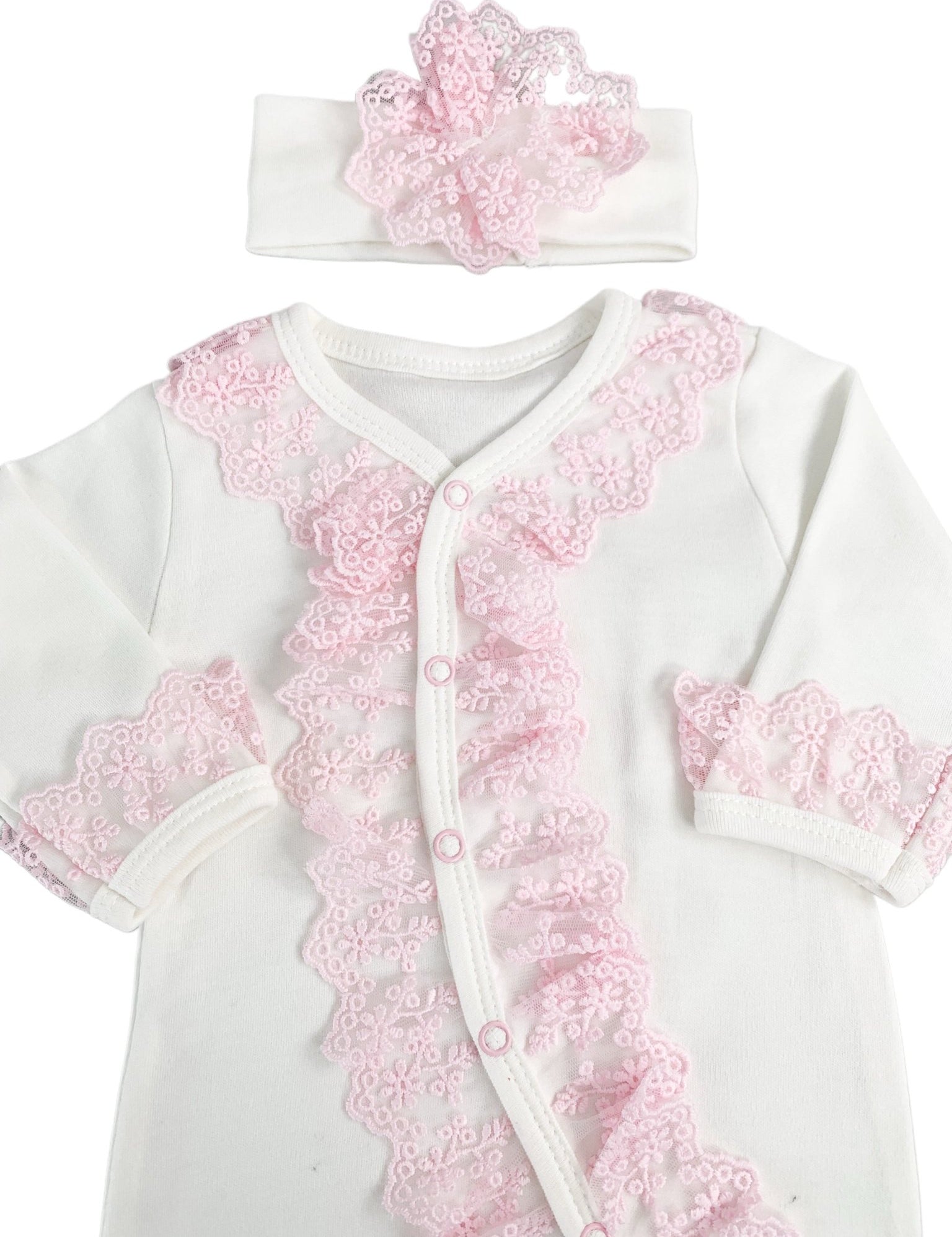 Salopeta Nou - Nascut alba cu volanase roz - 2 piese - Botez bebelusi