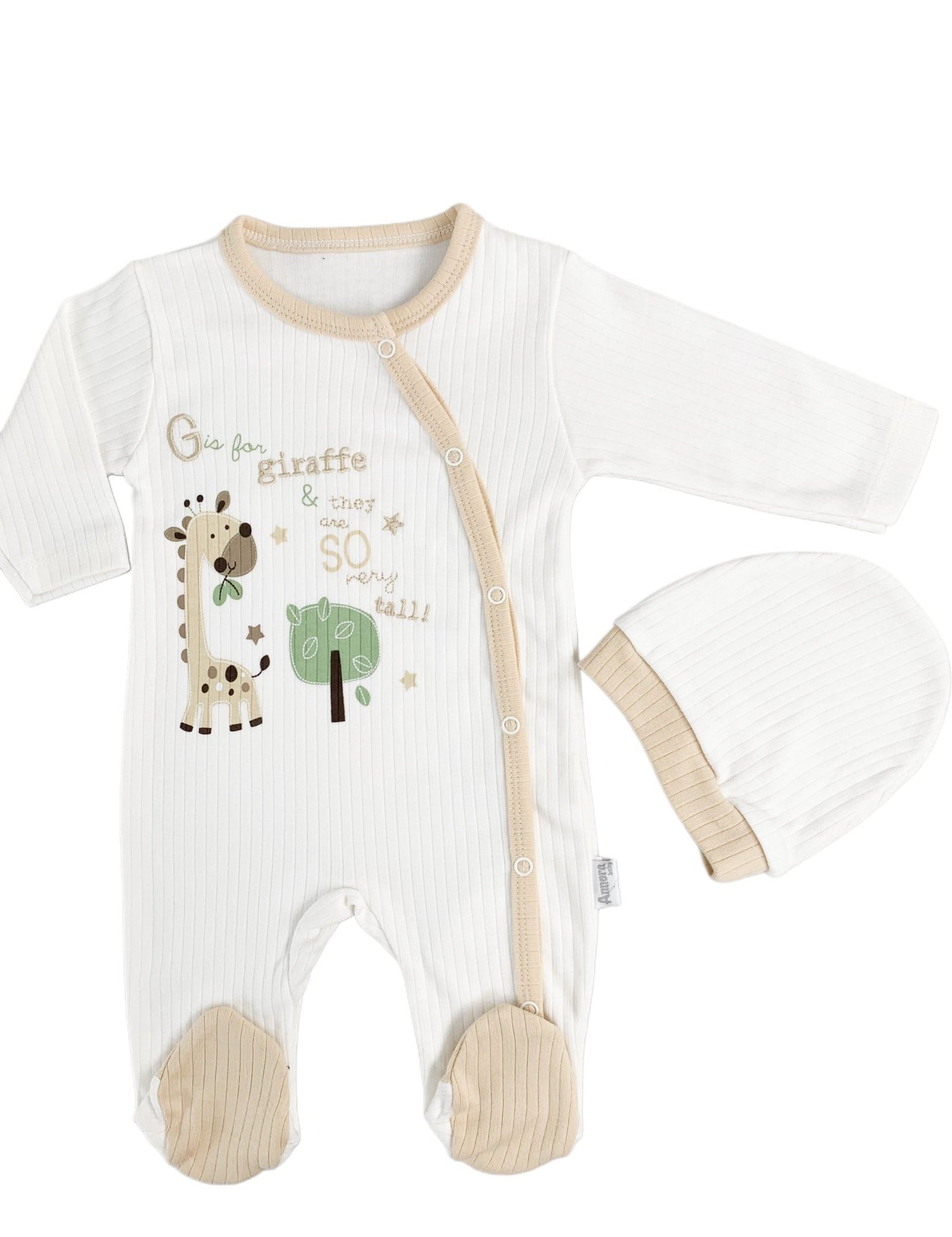 Salopeta Nou - Nascut crem cu girafa - 2 piese - Botez bebelusi