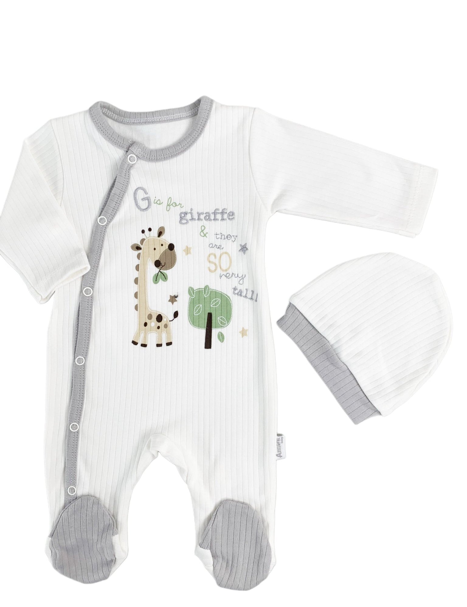 Salopeta Nou - Nascut gri cu girafa - 2 piese - Botez bebelusi