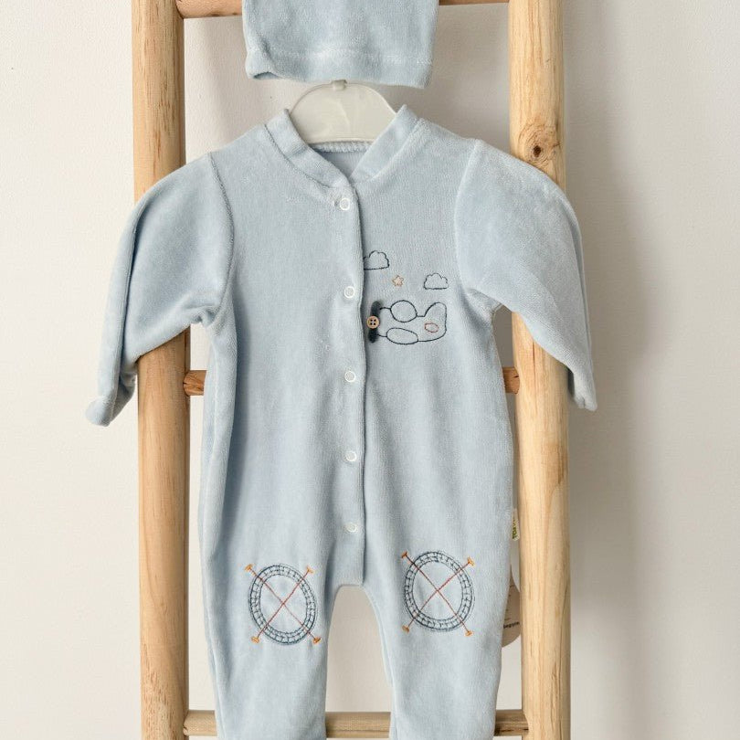 Salopeta pufoasa albastra cu avion - Botez bebelusi