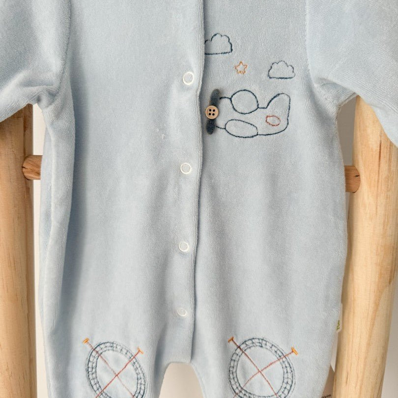 Salopeta pufoasa albastra cu avion - Botez bebelusi