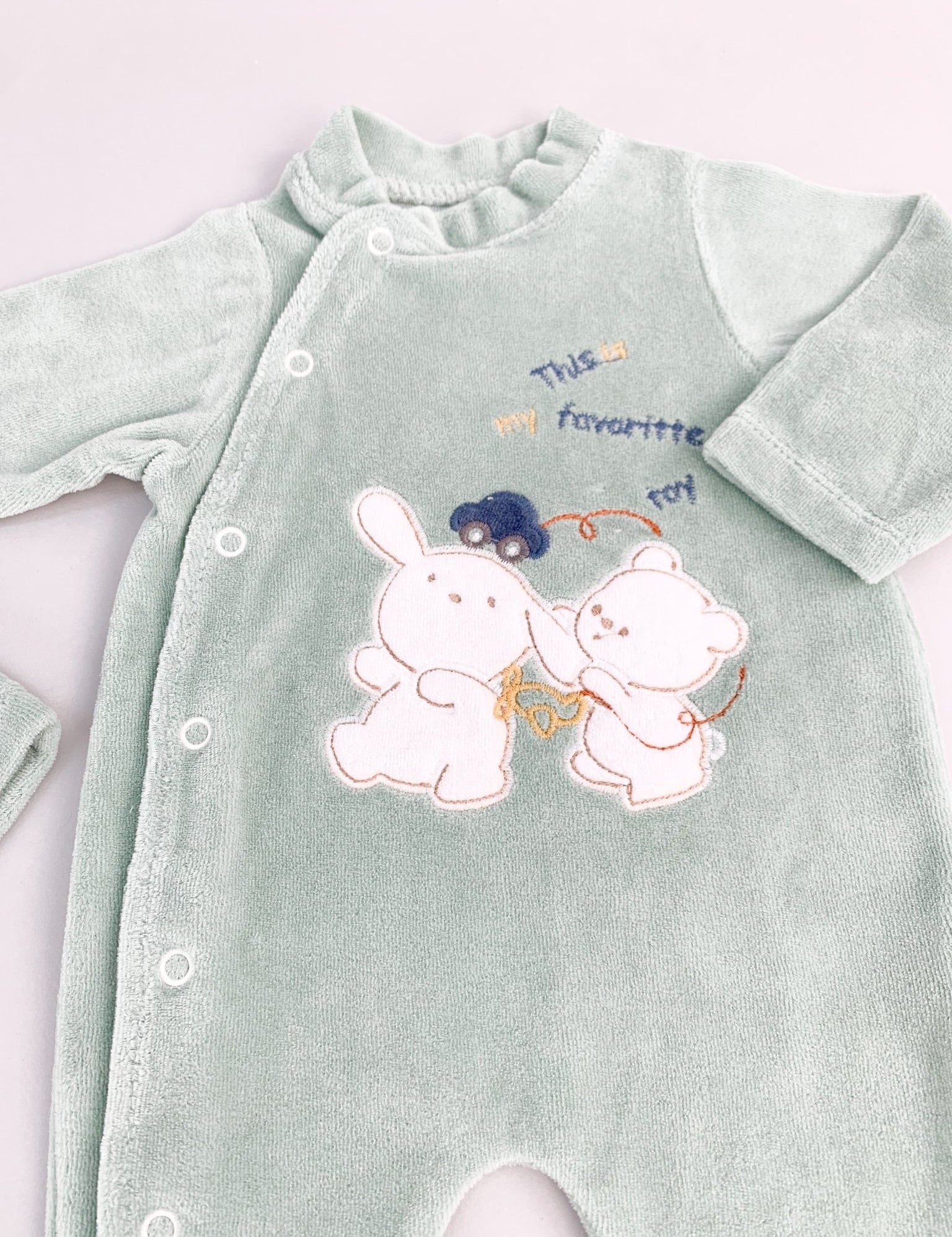 Salopeta verde pufoasa baiat cu ursulet si iepuras - Botez bebelusi