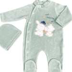 Salopeta verde pufoasa baiat cu ursulet si iepuras - Botez bebelusi