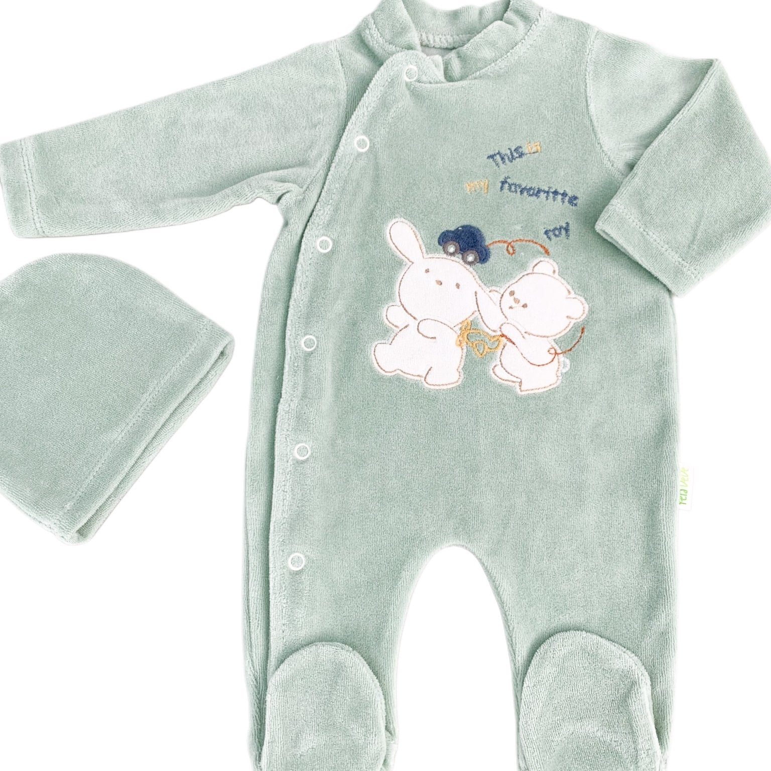 Salopeta verde pufoasa baiat cu ursulet si iepuras - Botez bebelusi