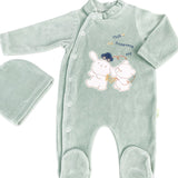 Salopeta verde pufoasa baiat cu ursulet si iepuras - Botez bebelusi