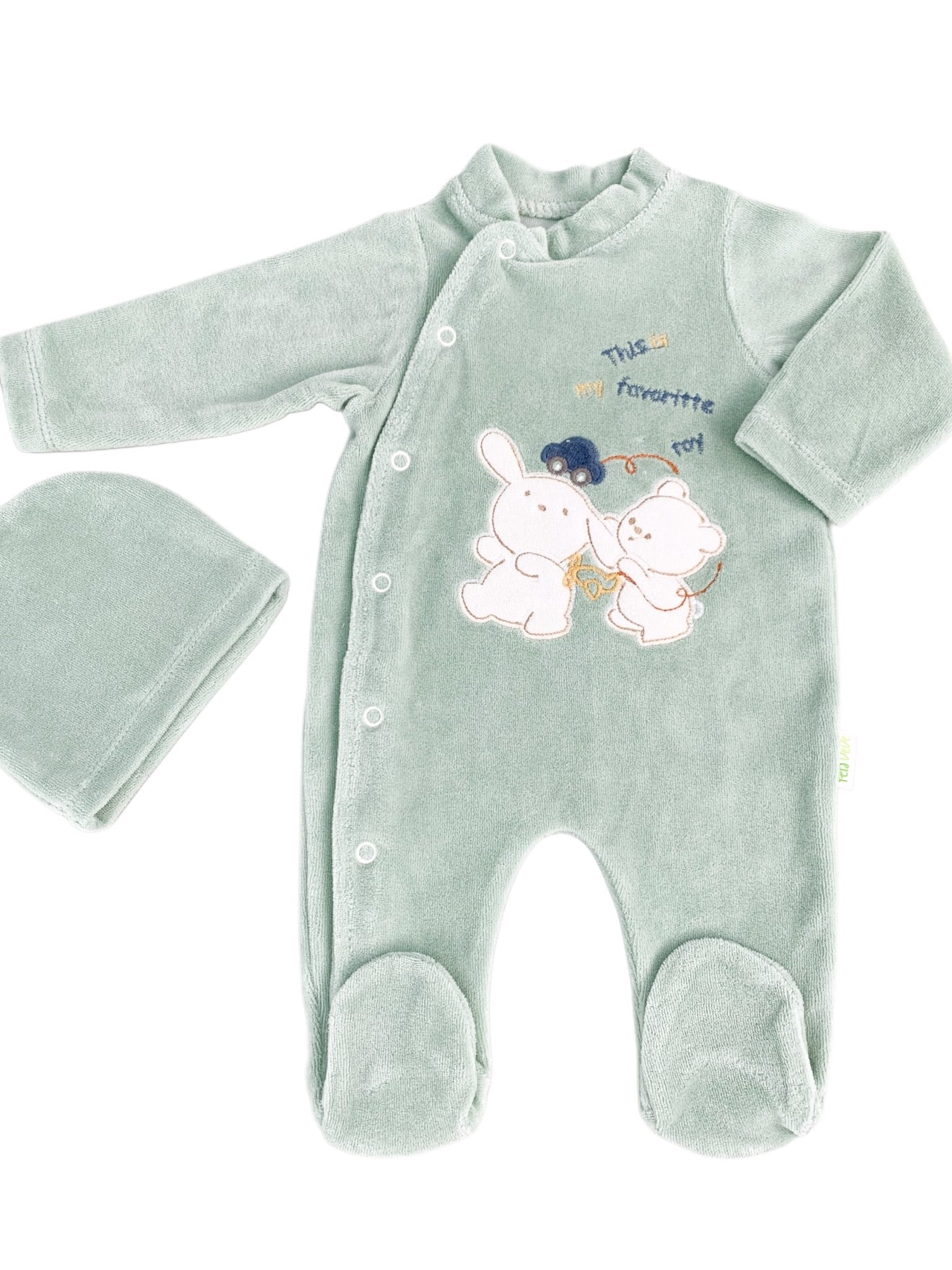 Salopeta verde pufoasa baiat cu ursulet si iepuras - Botez bebelusi