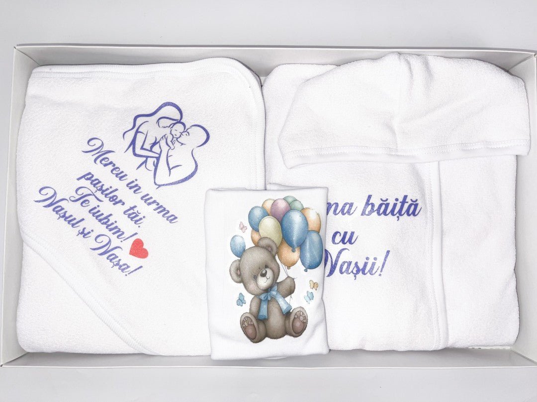 Set baie baiat albastru personalizat ursulet cu baloane - Botez bebelusi