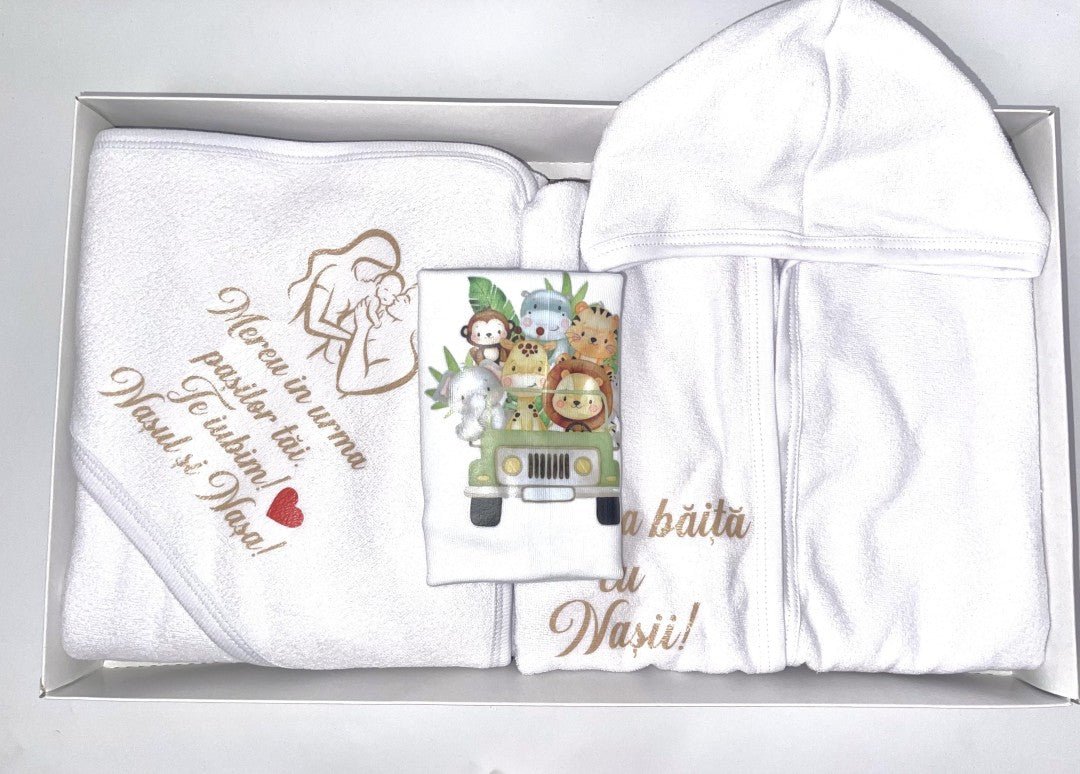 Set baie baiat personalizat animalute cu masina - Botez bebelusi