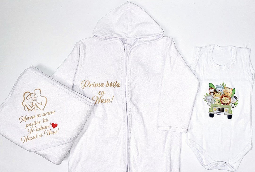 Set baie baiat personalizat animalute cu masina - Botez bebelusi