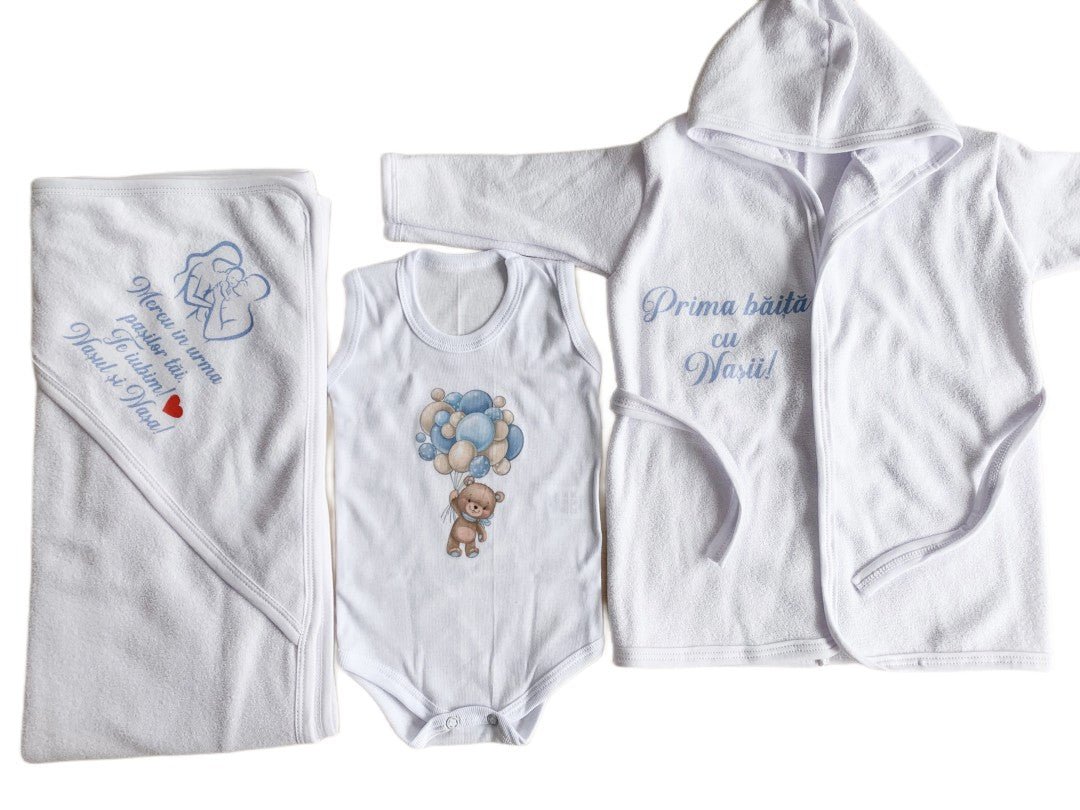 Set baie baiat personalizat cu ursulet - Botez bebelusi