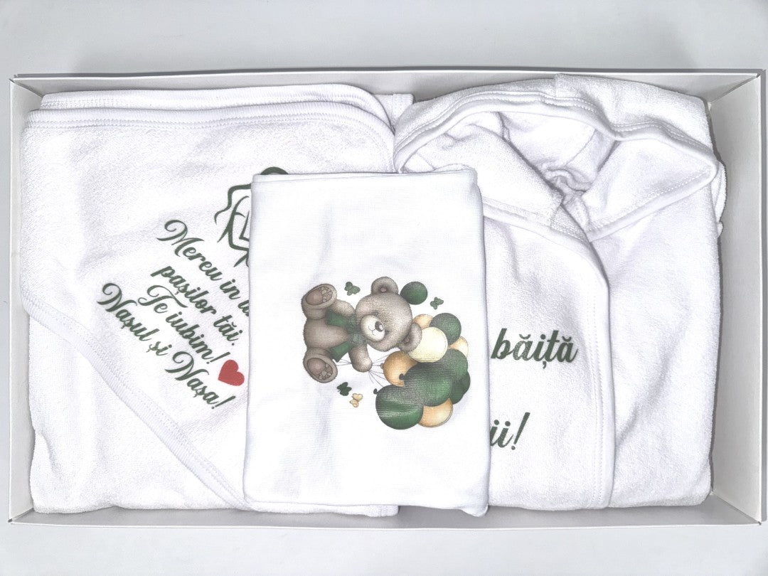 Set baie baiat verde personalizat ursulet cu baloane - Botez bebelusi