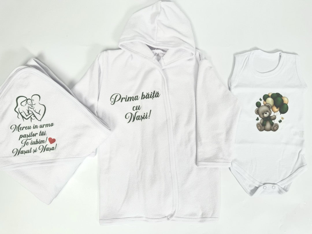 Set baie baiat verde personalizat ursulet cu baloane - Botez bebelusi