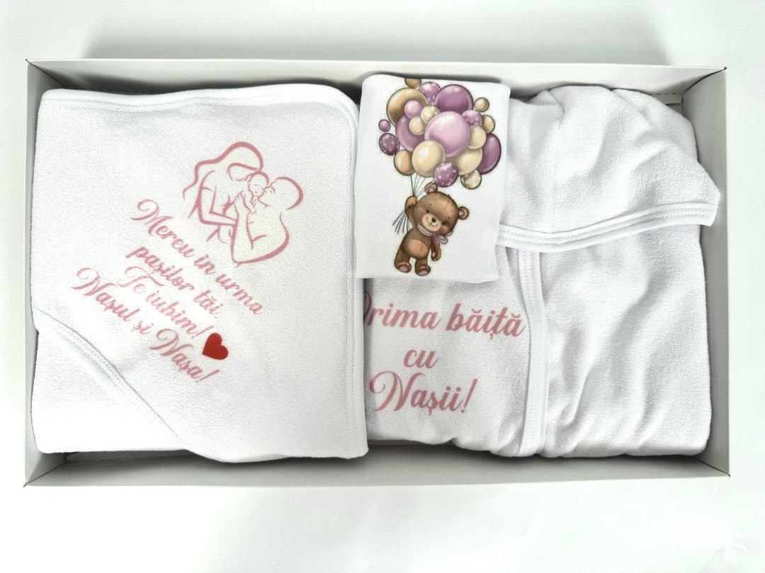 Set baie fetita mov personalizat ursulet cu baloane - Botez bebelusi
