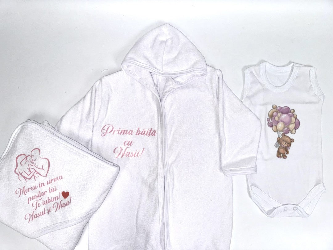 Set baie fetita mov personalizat ursulet cu baloane - Botez bebelusi