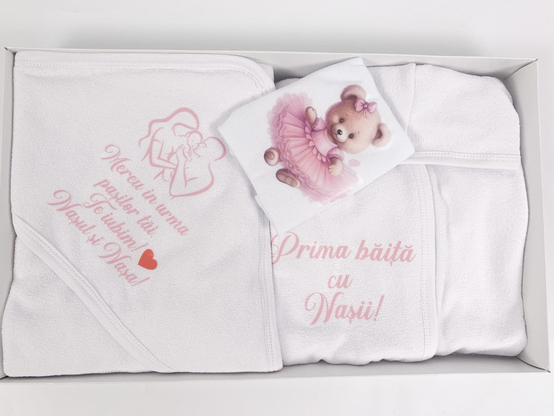 Set baie fetita personalizat cu ursulet - Botez bebelusi