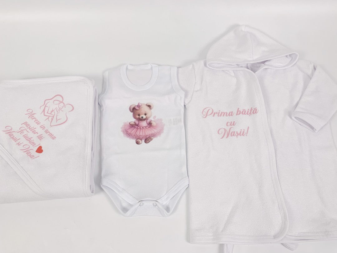 Set baie fetita personalizat cu ursulet - Botez bebelusi