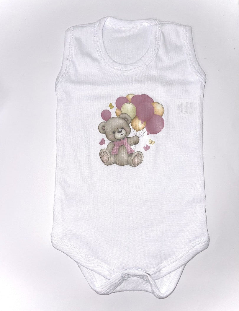 Set baie fetita roz personalizat ursulet cu baloane - Botez bebelusi