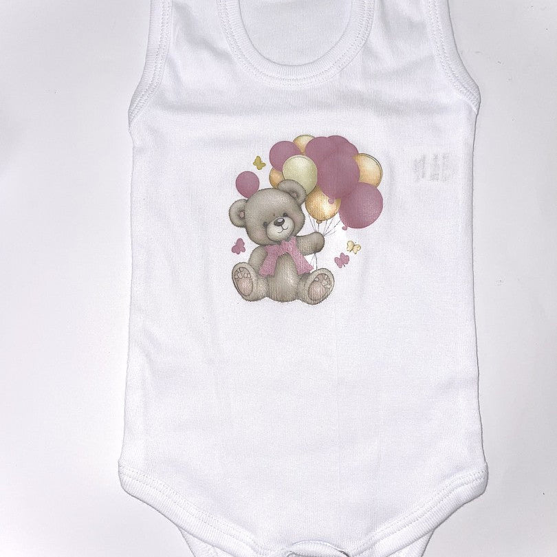 Set baie fetita roz personalizat ursulet cu baloane - Botez bebelusi