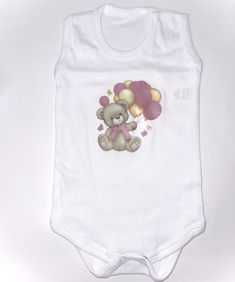 Set baie fetita roz personalizat ursulet cu baloane - Botez bebelusi