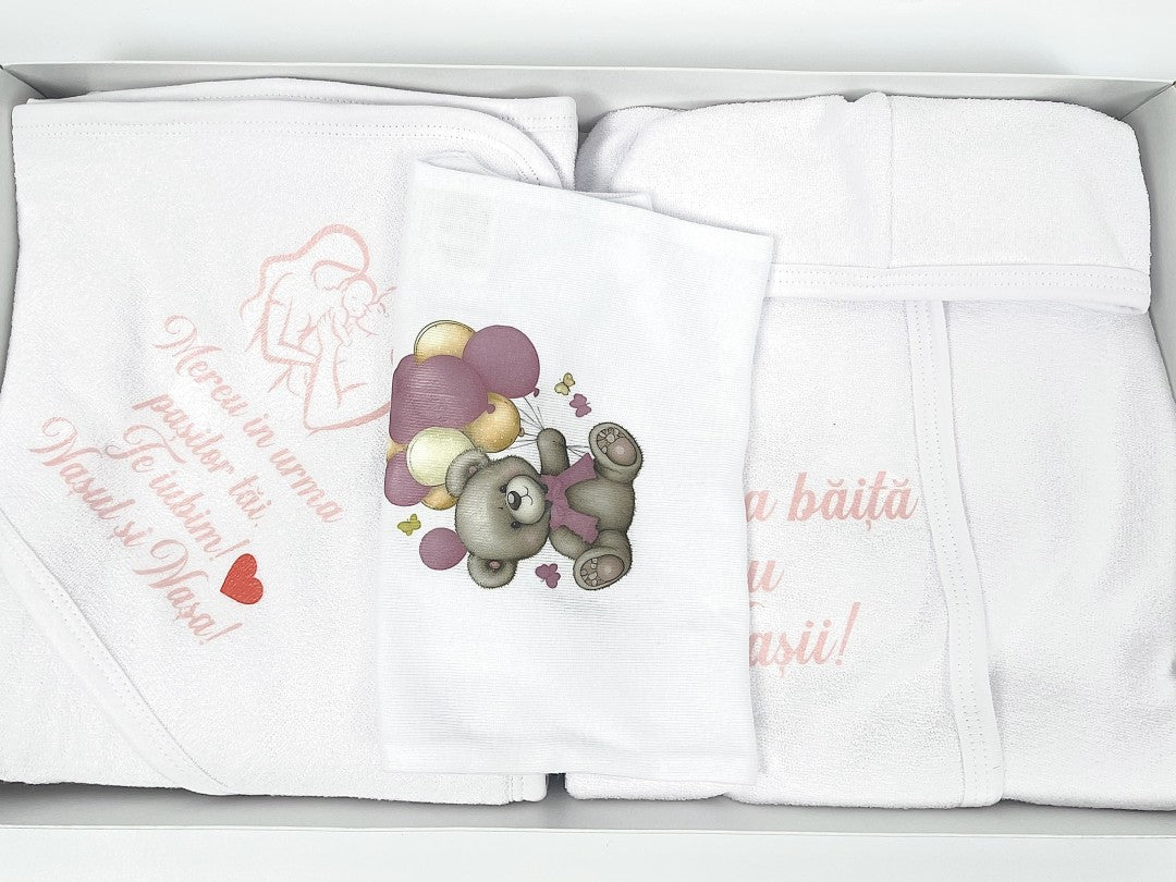 Set baie fetita roz personalizat ursulet cu baloane - Botez bebelusi