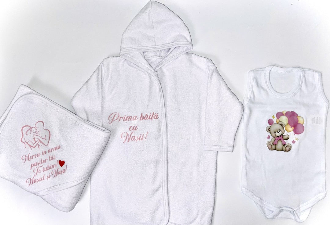 Set baie fetita roz personalizat ursulet cu baloane - Botez bebelusi