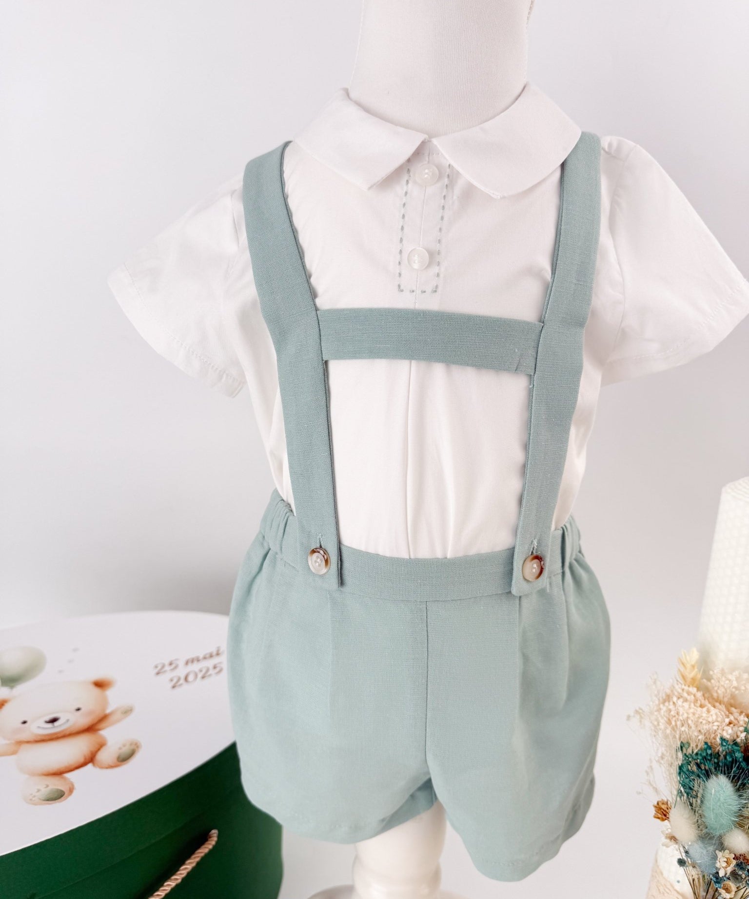 Set botez Grig culoare verde si cufar cu personaj - Botez bebelusi