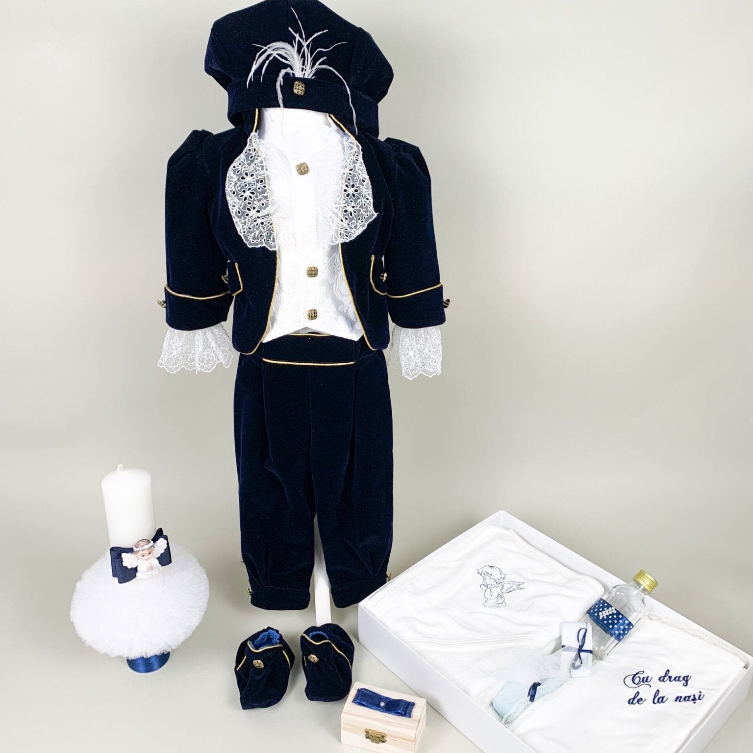 Set botez baiat - print catifea bleomarin - Botez bebelusi