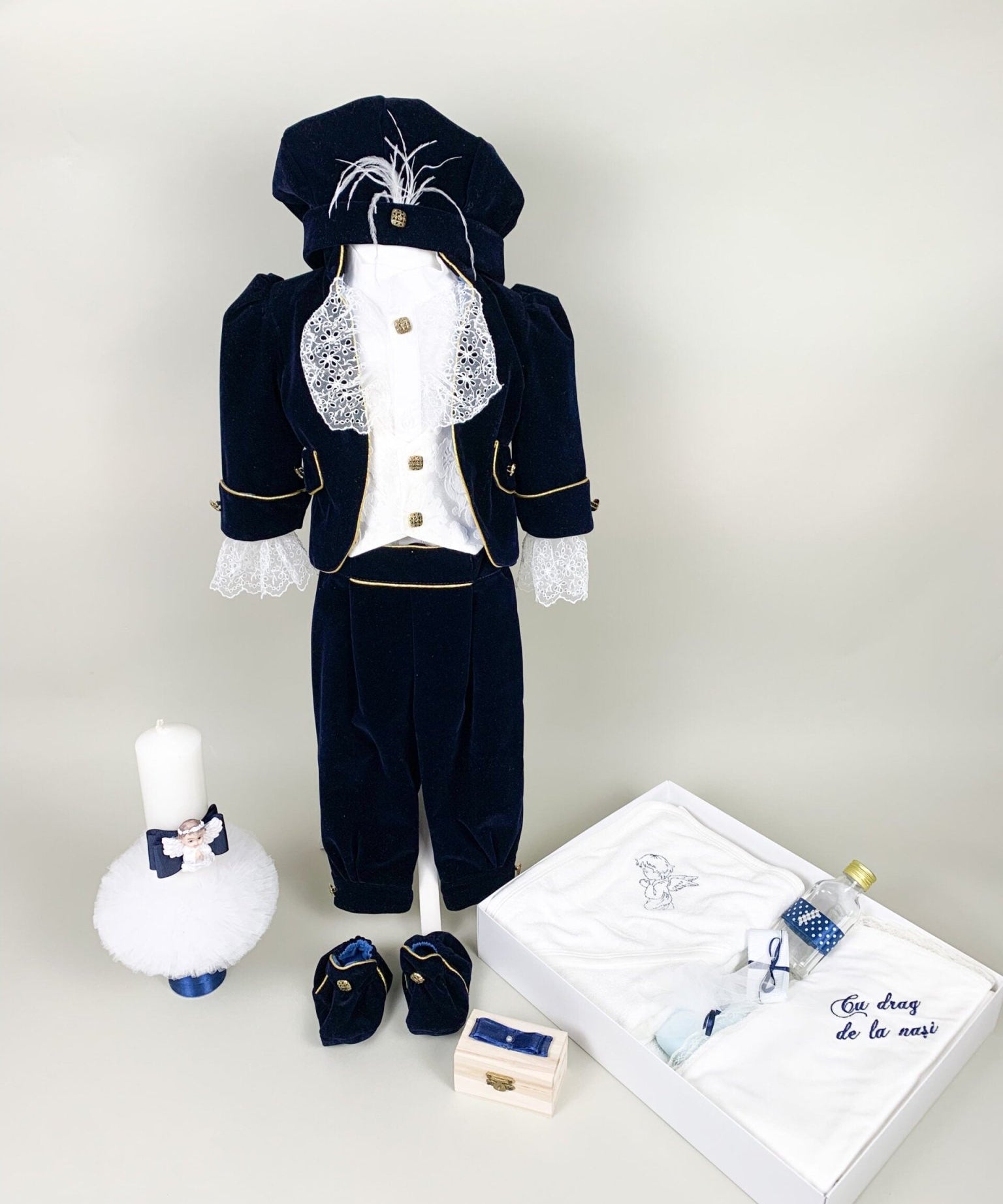 Set botez baiat - print catifea bleomarin - Botez bebelusi