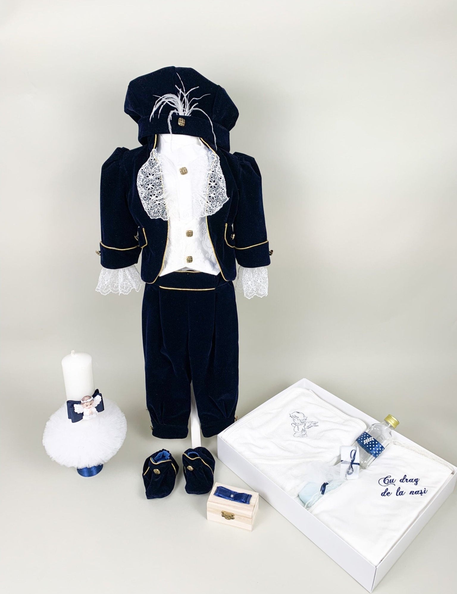 Set botez baiat - print catifea bleomarin - Botez bebelusi