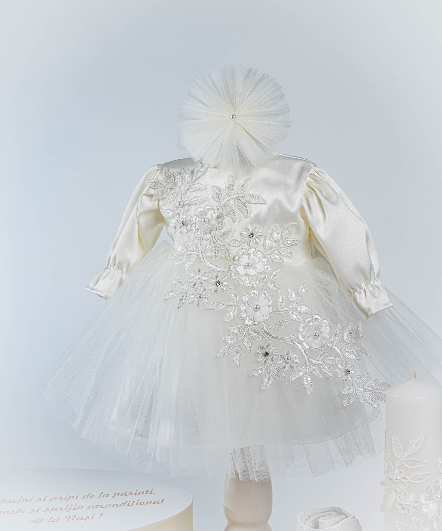 Set Botez Complet cu Rochita Ivory din Tulle si Trusou Hand - made - Siera - Botez bebelusi