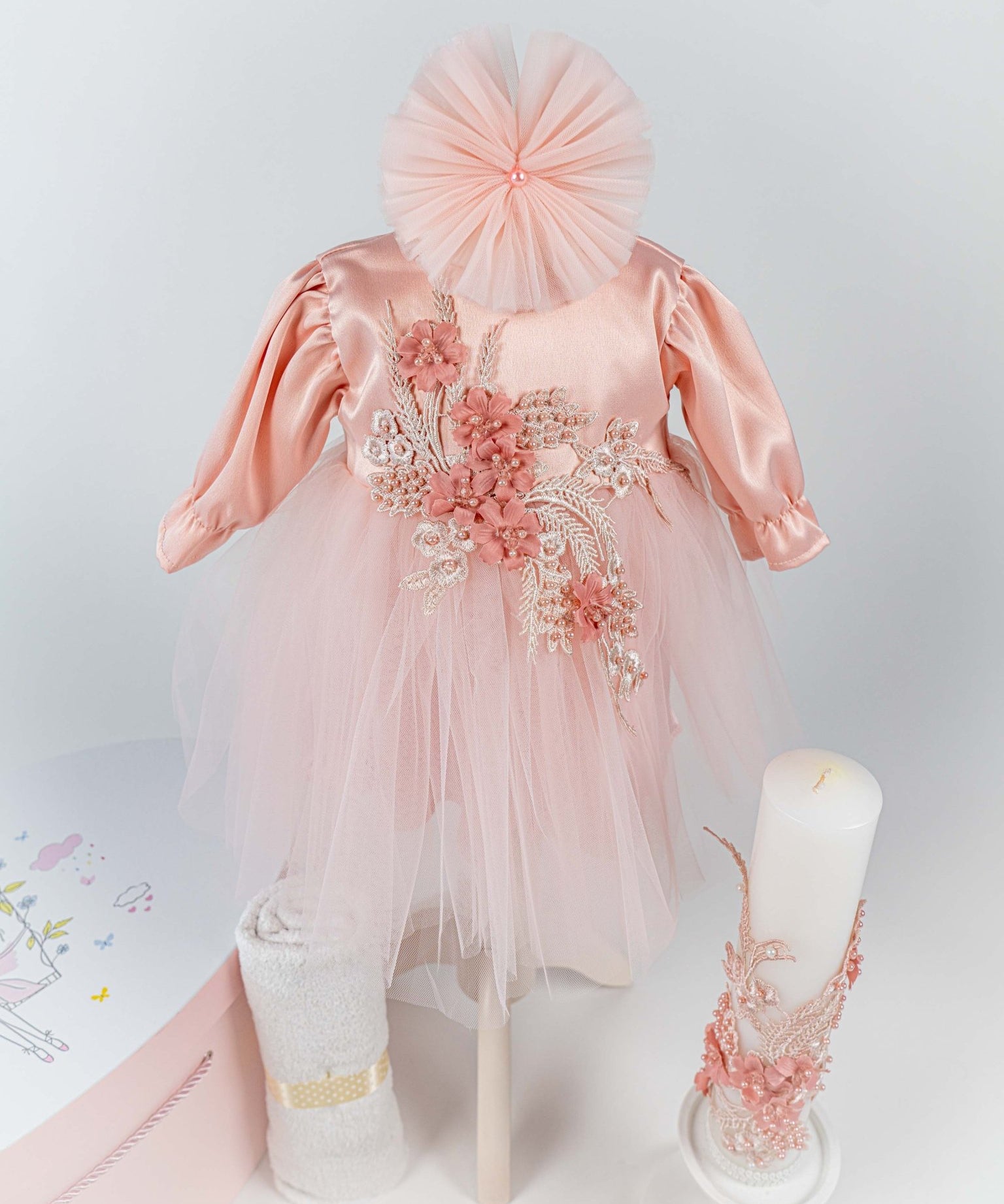 Set Botez Complet cu Rochita Roz Somon si Trusou Hand - made - Eleonora - Botez bebelusi