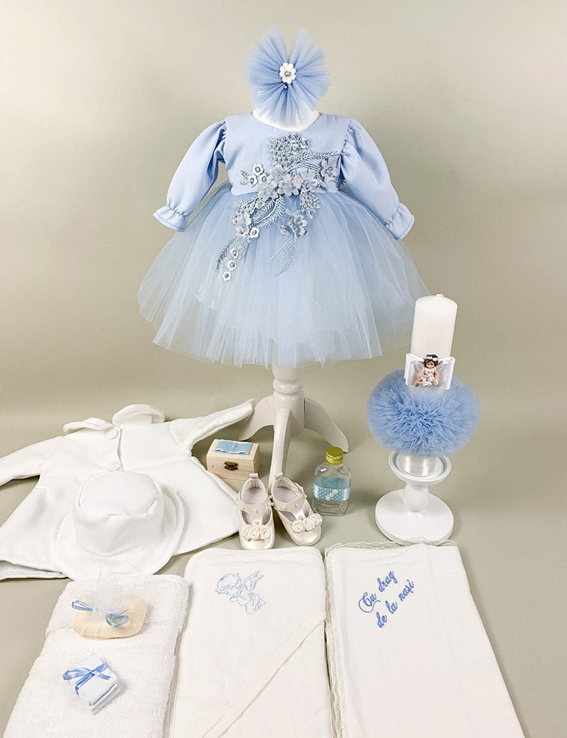 Set botez fete blue Sara(aplicatii flori) - Botez bebelusi