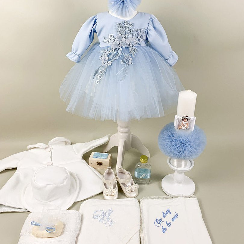 Set botez fete blue Sara(aplicatii flori) - Botez bebelusi