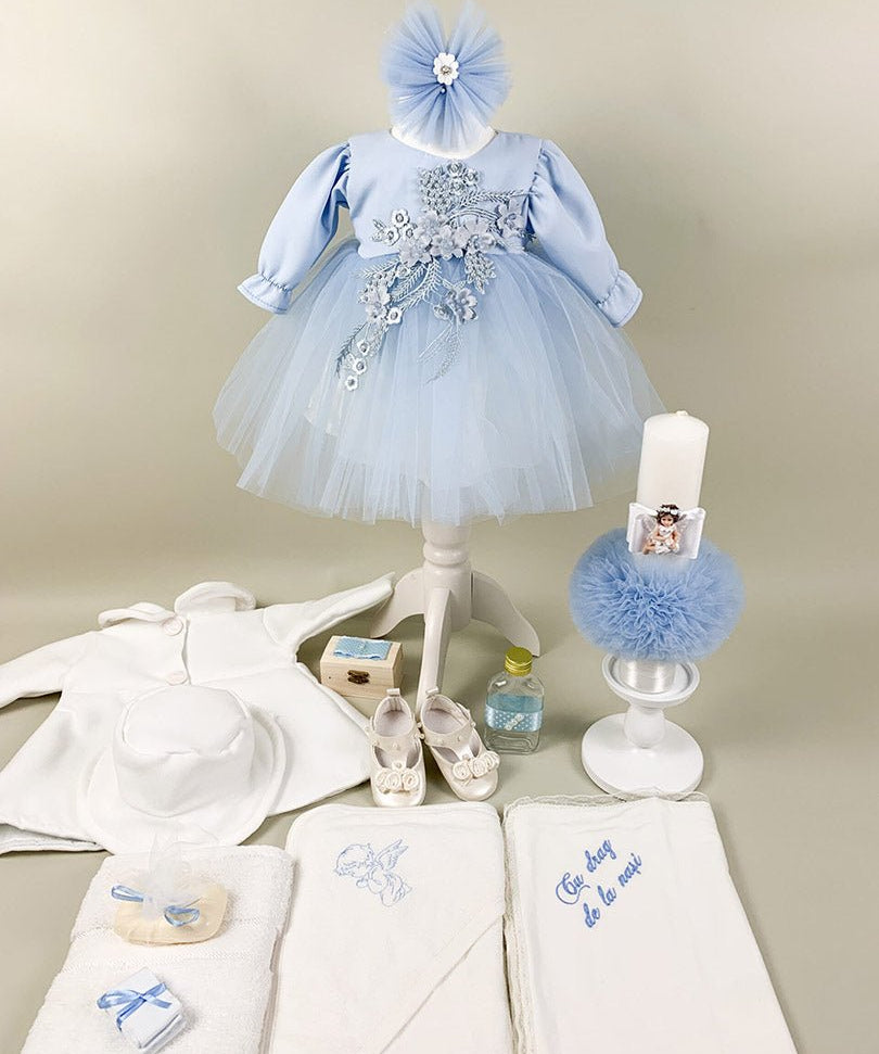 Set botez fete blue Sara(aplicatii flori) - Botez bebelusi