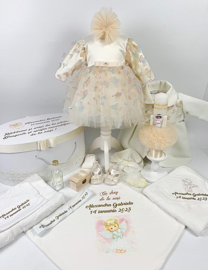 Set botez fetita fluturi colorați si ingeras roz - Botez bebelusi