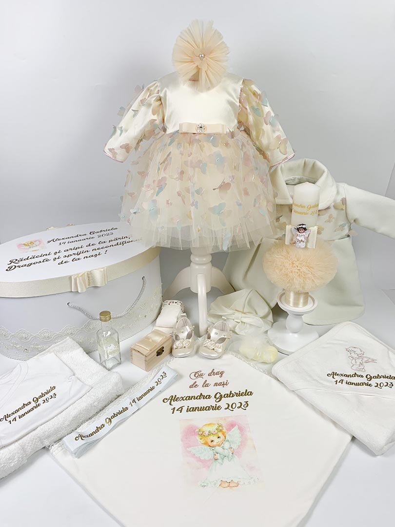 Set botez fetita fluturi colorați si ingeras roz - Botez bebelusi
