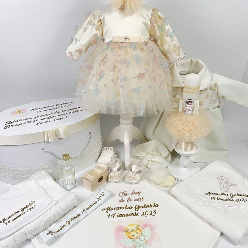 Set botez fetita fluturi colorați si ingeras roz - Botez bebelusi