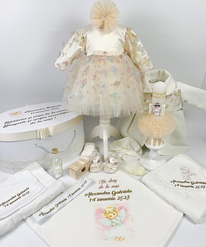 Set botez fetita fluturi colorați si ingeras roz - Botez bebelusi