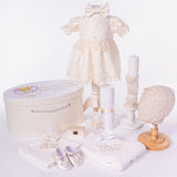 Set Complet Botez Bebelusi cu Rochita Eleganta, Lumanare si Cufar Personalizat - Aitana - Botez bebelusi