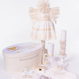 Set Complet Botez Bebelusi cu Rochita Eleganta, Lumanare si Cufar Personalizat - Ambra - Botez bebelusi