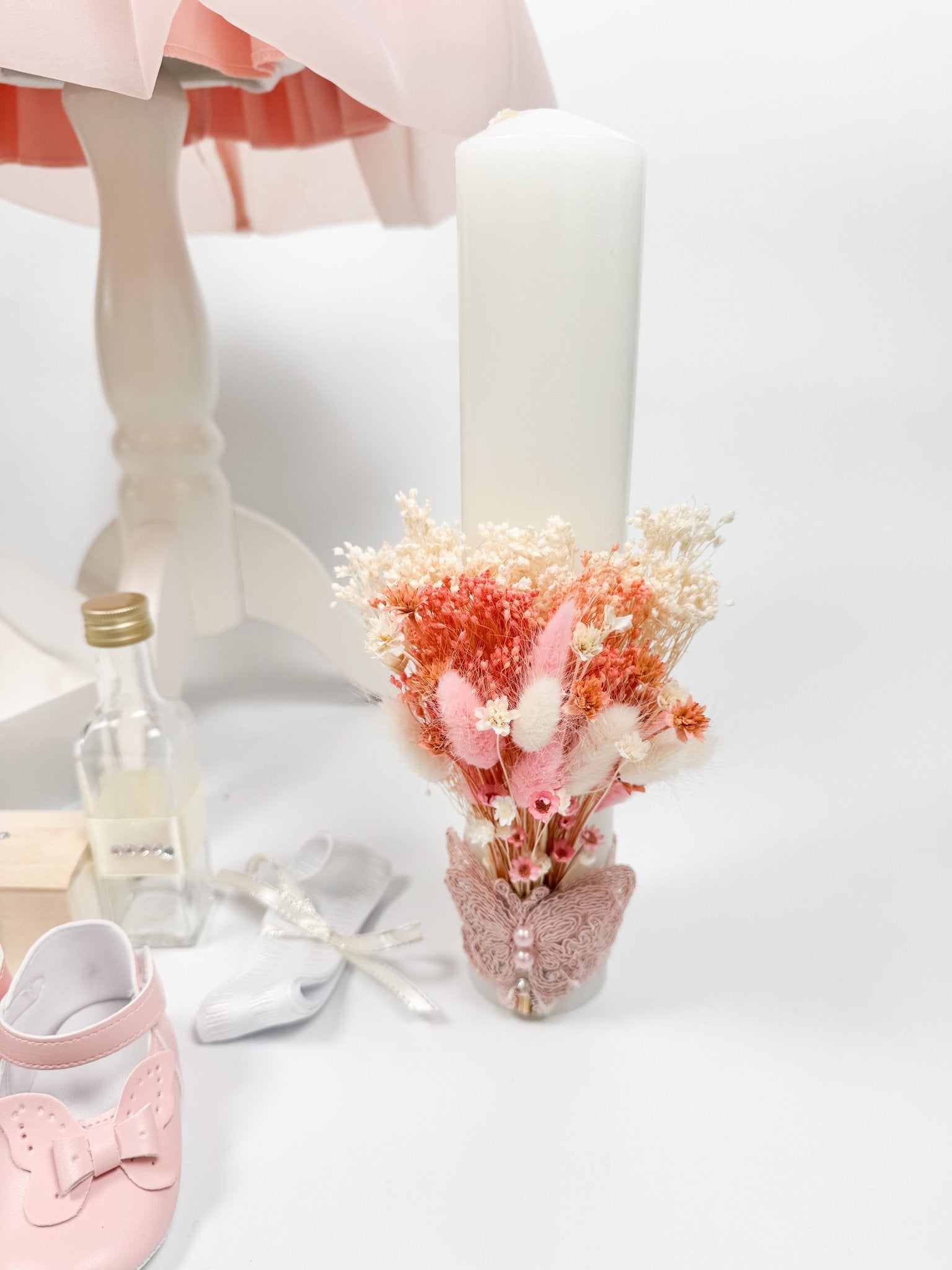 Set Complet Botez Bebelusi cu Rochita Eleganta si Trusou Hand - Made cu Flori Uscate - Eda - Botez bebelusi