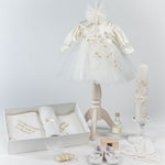 Set Complet Botez Bebelusi cu Rochita si Trusou Lucrat Manual - Clara - Botez bebelusi