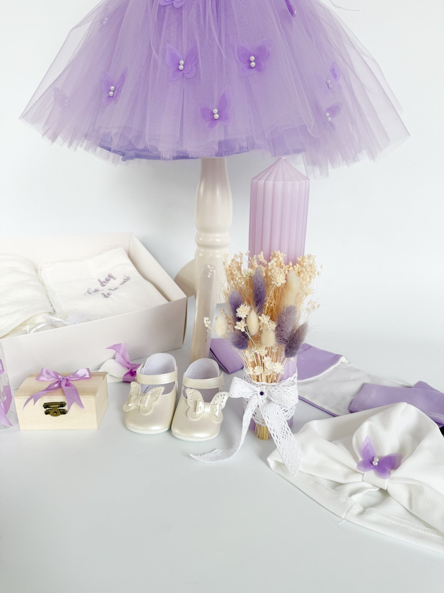 Set Complet Botez cu Rochita Vaporoasa si Trusou Hand Made - Roxy - Botez bebelusi
