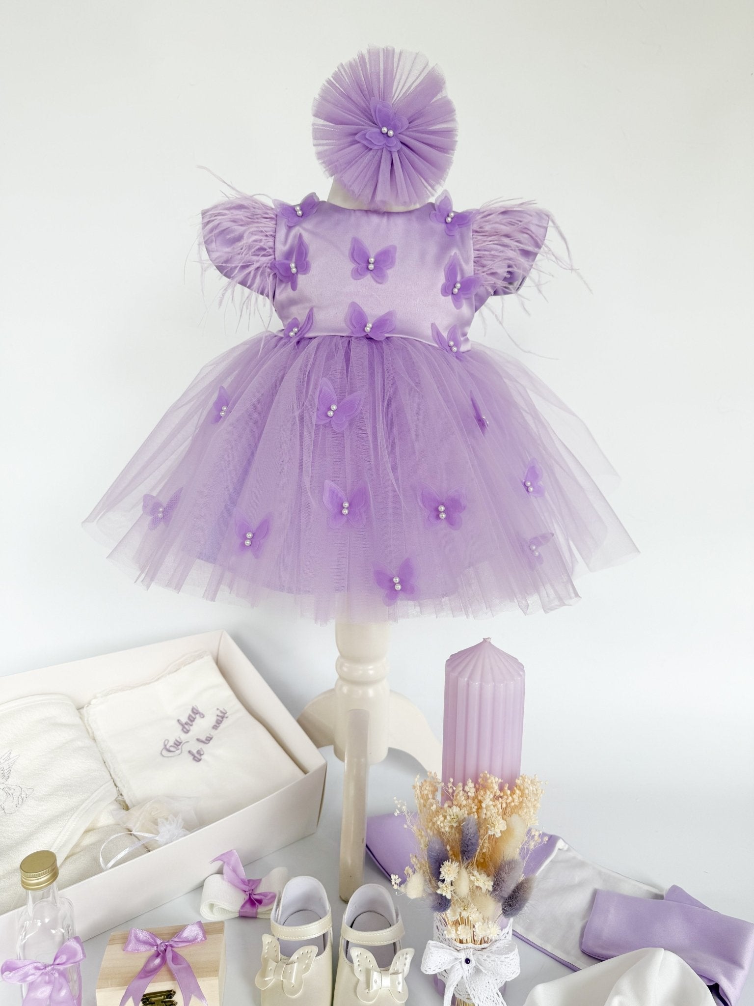 Set Complet Botez cu Rochita Vaporoasa si Trusou Hand Made - Roxy - Botez bebelusi