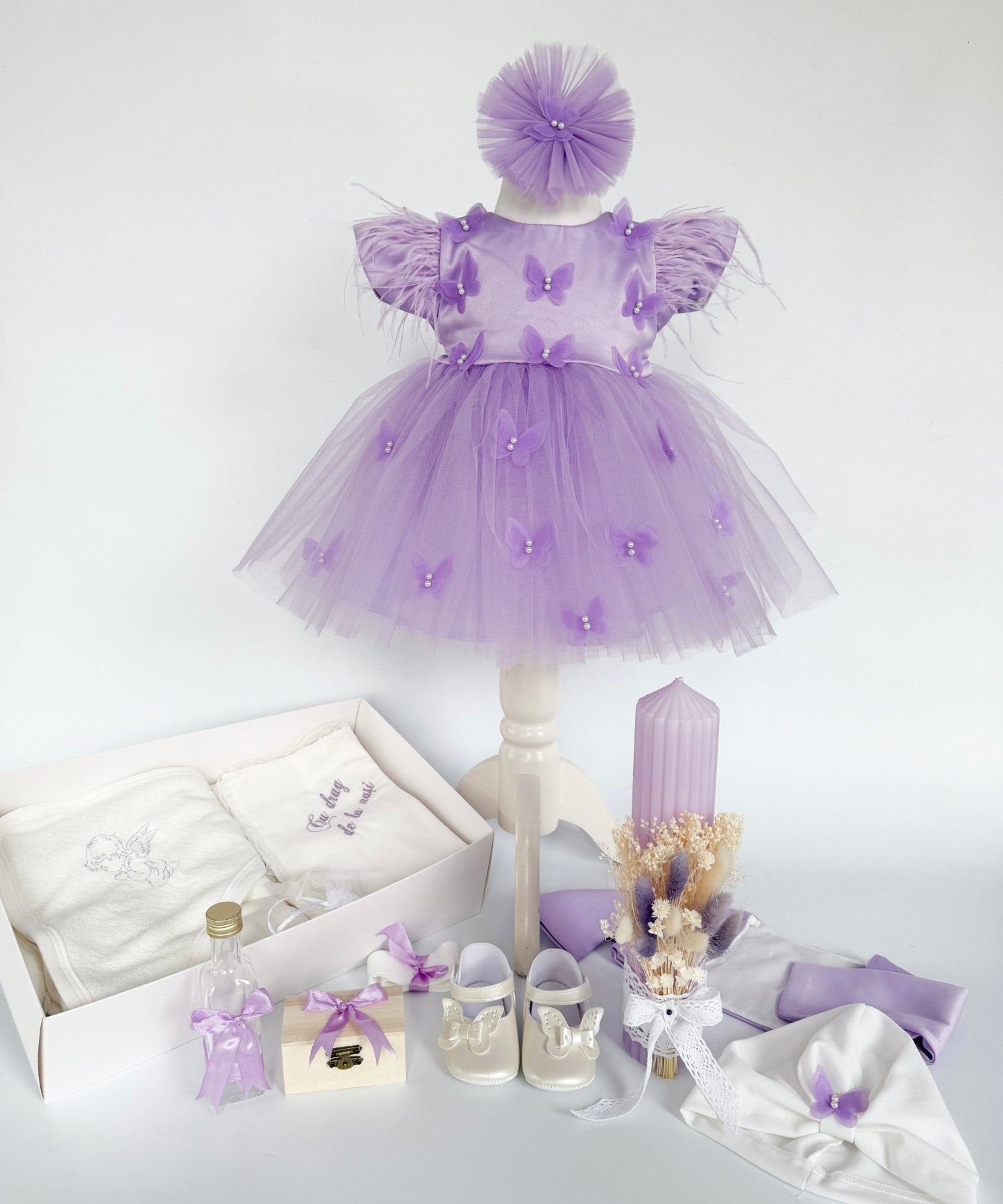Set Complet Botez cu Rochita Vaporoasa si Trusou Hand Made - Roxy - Botez bebelusi