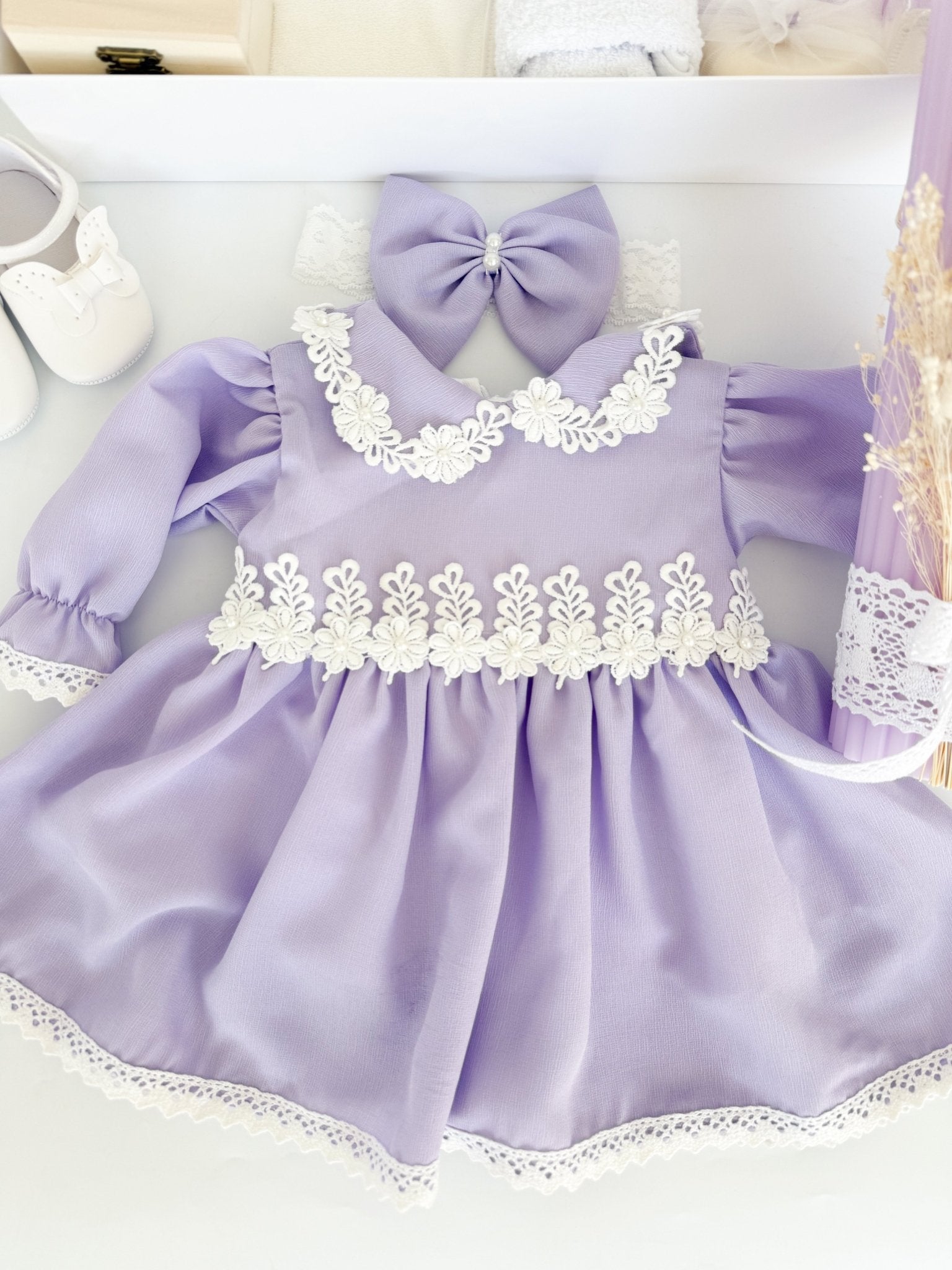 Set Complet Ceremonie Bebelusi cu Rochita Vaporoasa si Trusou Hand Made - Coco - Botez bebelusi