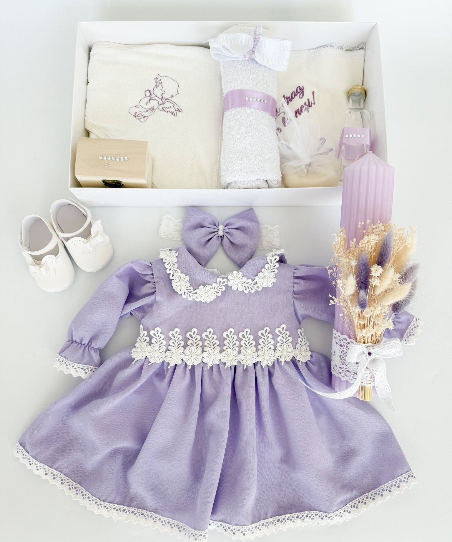 Set Complet Ceremonie Bebelusi cu Rochita Vaporoasa si Trusou Hand Made - Coco - Botez bebelusi
