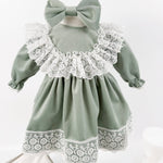 Set complet de botez pentru fetita Palma - verde salvie, cu rochita din catifea si dantela - Botez bebelusi