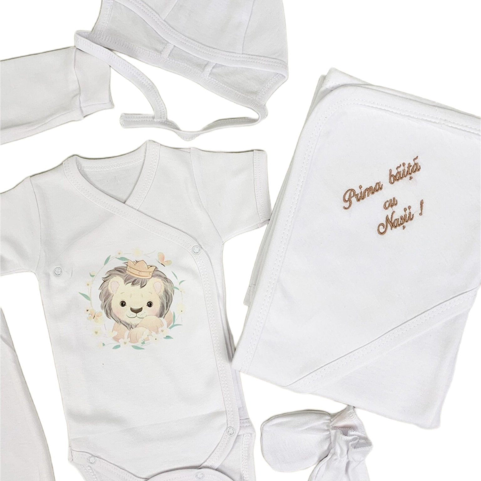 Set de baie pentru bebelusi cu 5 piese, personalizat cu mesaj - “Prima baita cu nașii” - Leu - Botez bebelusi