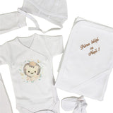 Set de baie pentru bebelusi cu 5 piese, personalizat cu mesaj - “Prima baita cu nașii” - Leu - Botez bebelusi